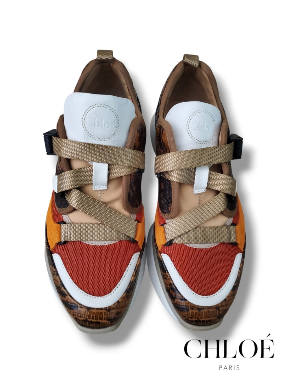 Chloe Sonnie Snake Trainer In Brown Python Leather, Orange Suede & Red Mesh Sz41 - Picture 3 of 13